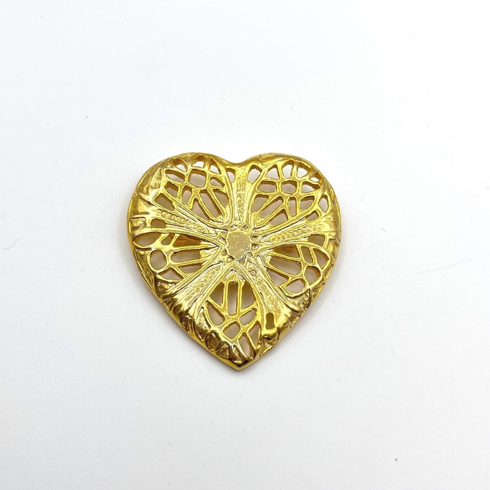 Gold Tone‎ Openwork Filigree Heart Brooch Pin Ornate Sunburst Design 1.75 Inch